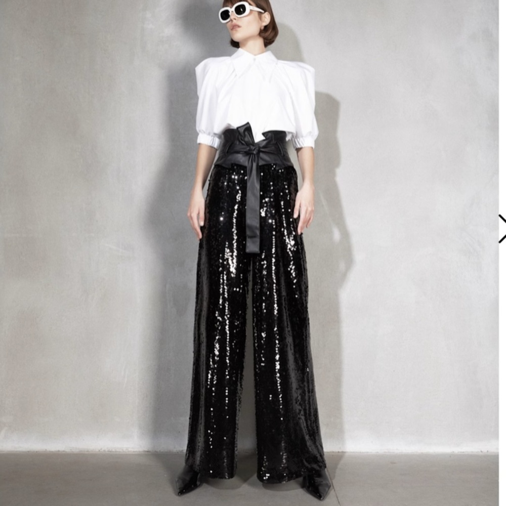 NWOT Julia Allert Black Palazzo Sequin Trousers SZ: XL Original Price $455